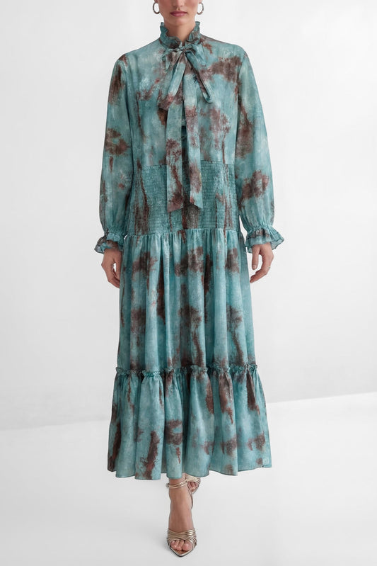 kristin Teal Printed Tiered Ruffle Maxi Dress - green
