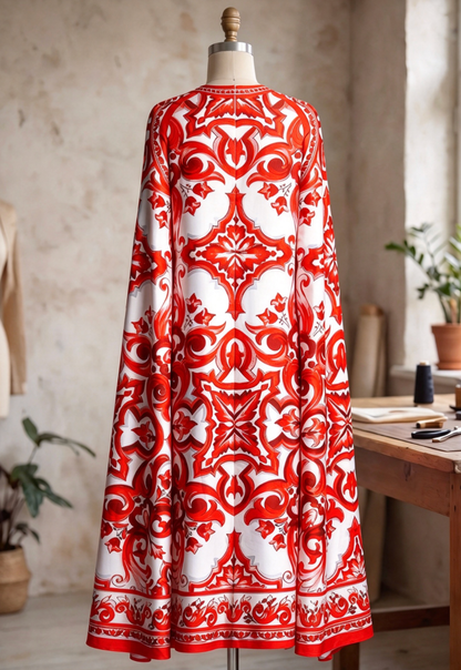 White Majolica Tile Print Cape Dress