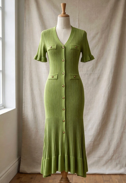 Olive Green Ribbed Knit A-Line Trumpet Midi Dress
