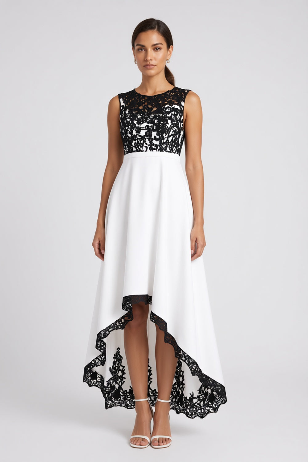 White Black Floral Lace A-line High-low Evening Dress Sleeveless Round Neck White White structured fabric (composition unknown) Evening Dress - product view 1