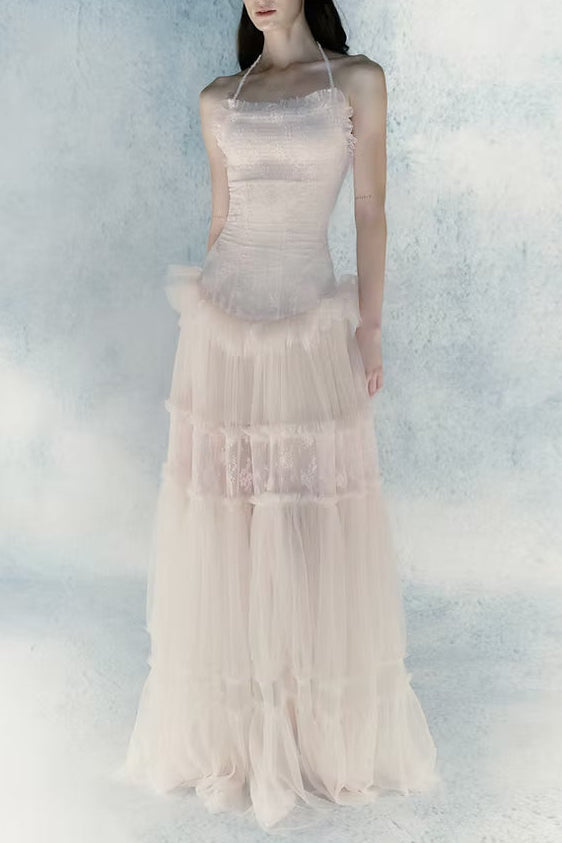 hermosa Lace splicing layer maxi dress in pink