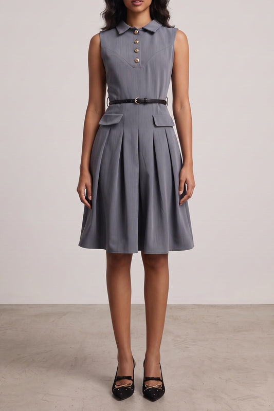 Collared Sleeveless Belted Pleated Midi Shirt Dress