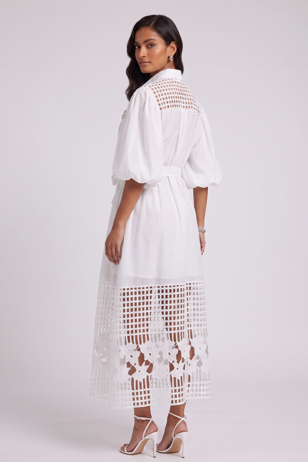 White A-Line Shirt Dress with Lace Panels and Puff Sleeves white smooth woven cotton-blend shirt dress - product view 3