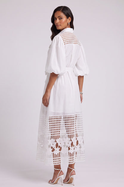 White A-Line Shirt Dress with Lace Panels and Puff Sleeves white smooth woven cotton-blend shirt dress - product view 3