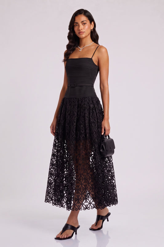 Black Spaghetti Strap Pleated Bodice Floral Cutout Lace Midi Dress