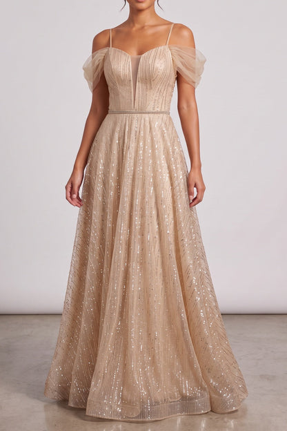 champagne gold glitter tulle a-line evening gown champagne gold glitter tulle evening gown - product view 2