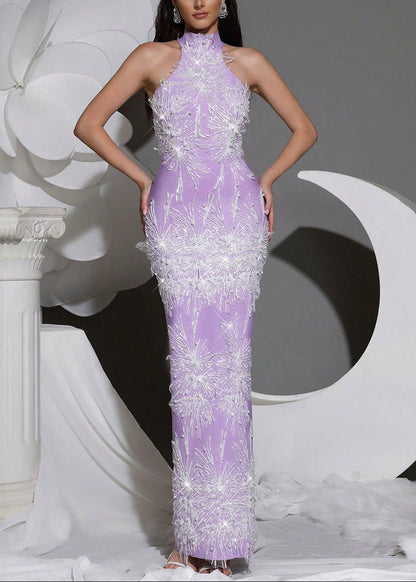 Pandora Sleeveless Beaded Tassel Sequin Bandage Maxi Dress - Violet