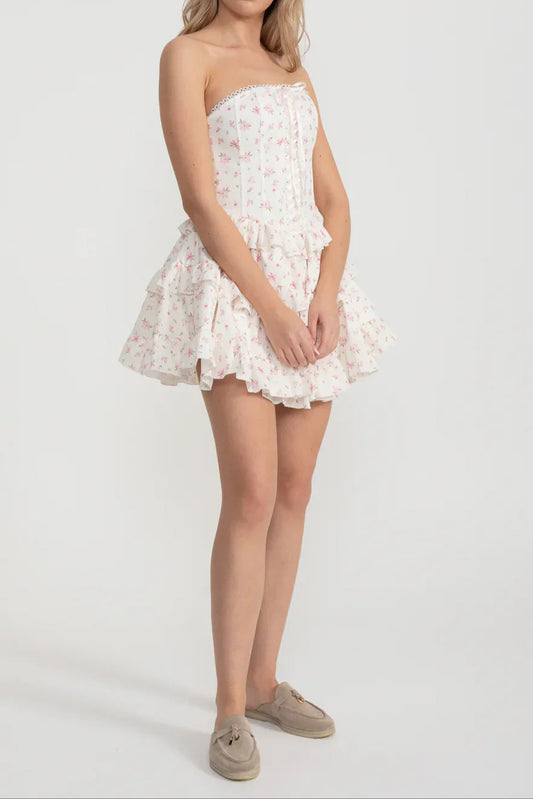martha Ruffle printed strapless Mini Dress in pink