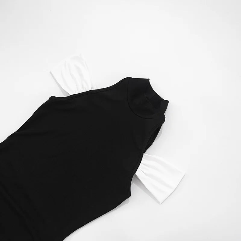 black-white Panel Sleeveless Gathered Halter mini Dress