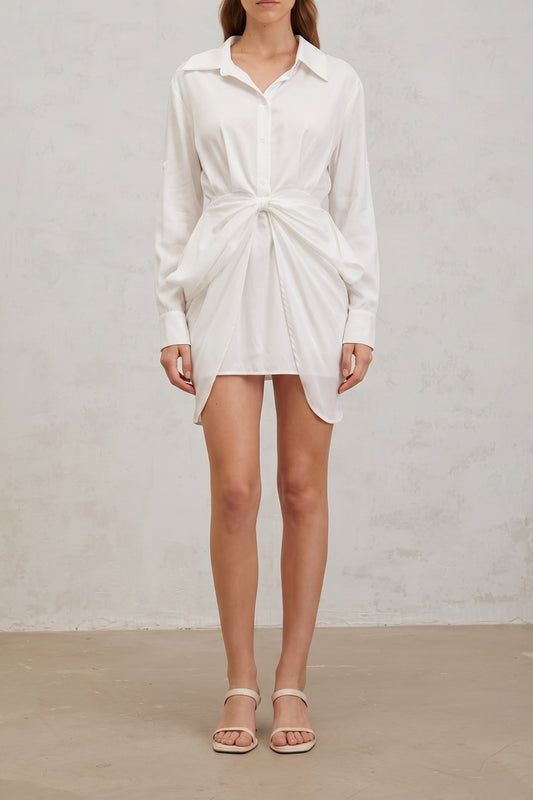 Collared Long Sleeve Waist Twist Wrap Shirt Mini Dress