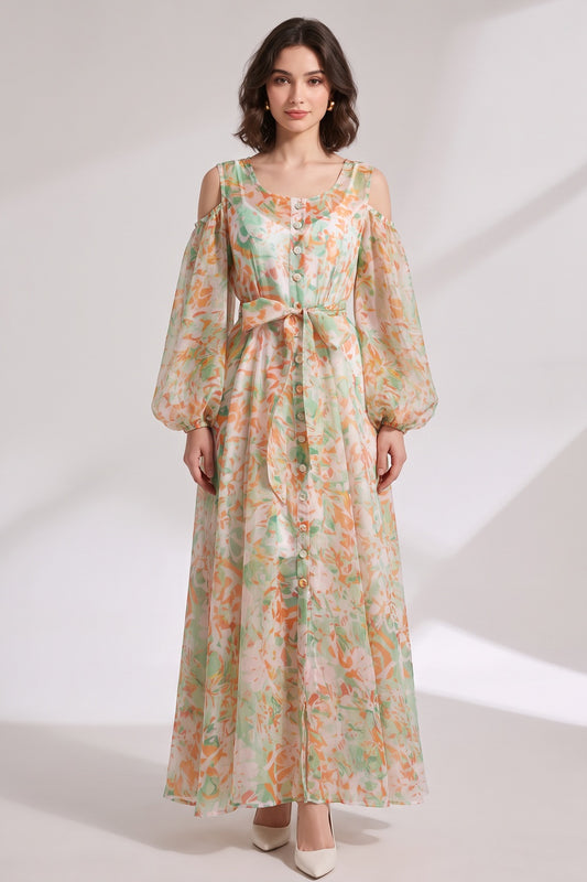White Sheer Chiffon A-Line Flowy Maxi Dress with Cold-Shoulder Balloon Sleeves white sheer chiffon maxi dress - product view 1