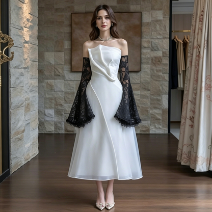 Strapless Layered Organza Midi Dress In White With Black Arm Sleeves