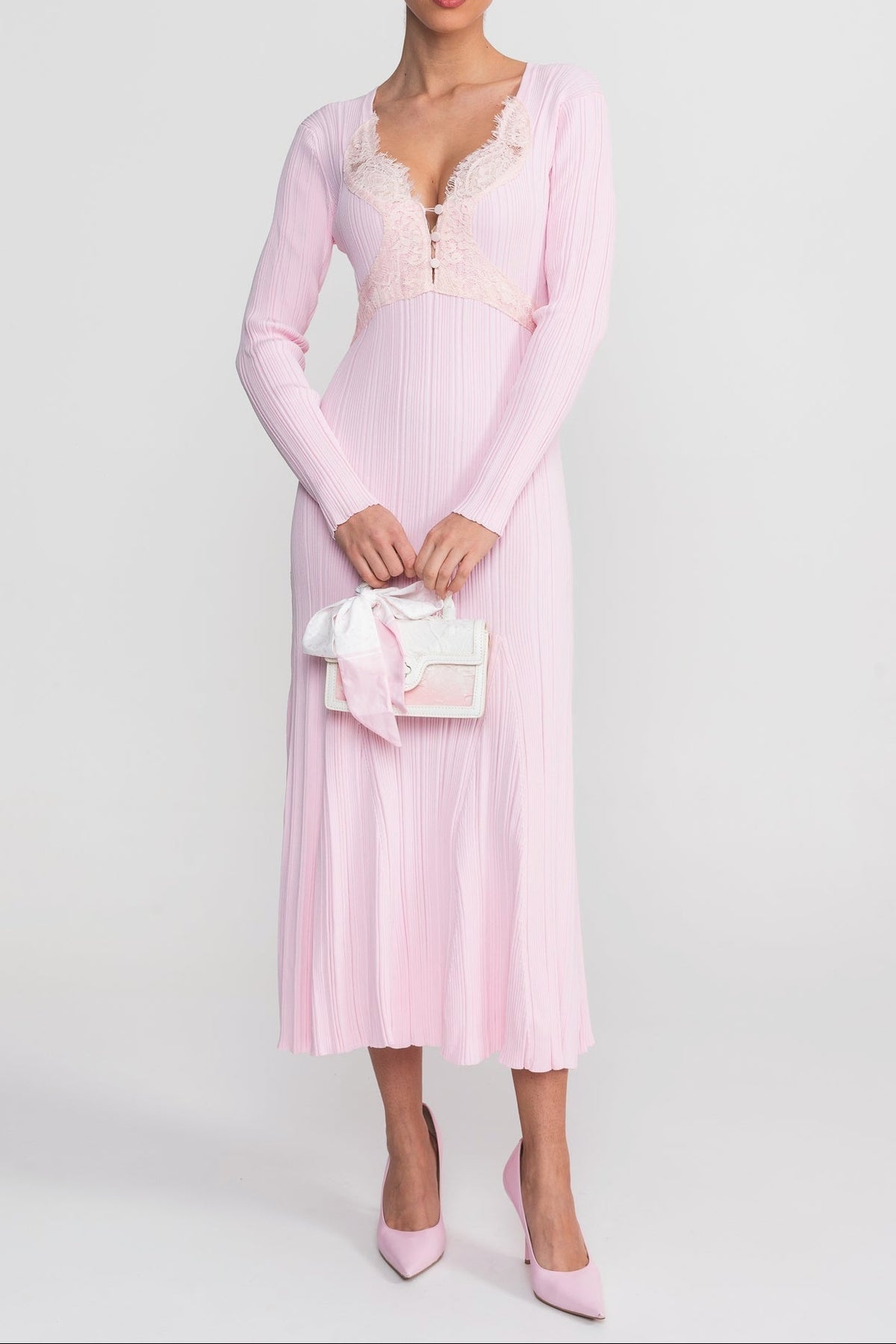 apphia Pink Contrast Lace Knit Midi Dress