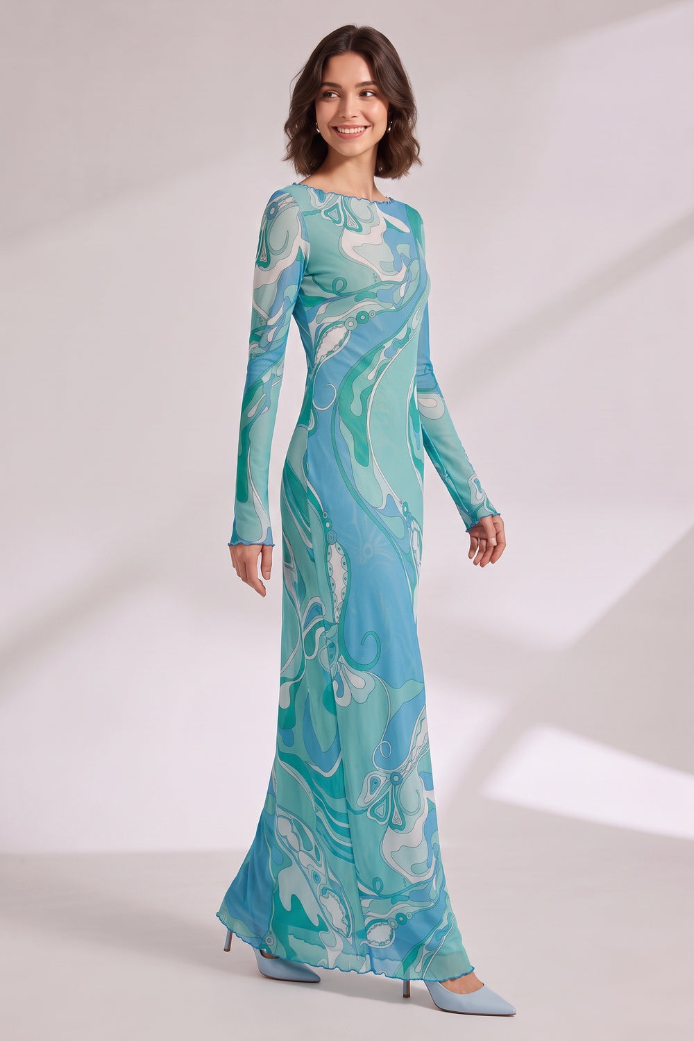 Abstract Wave Print Maxi Dress in Blue and Teal Premium Fabric - product view 4