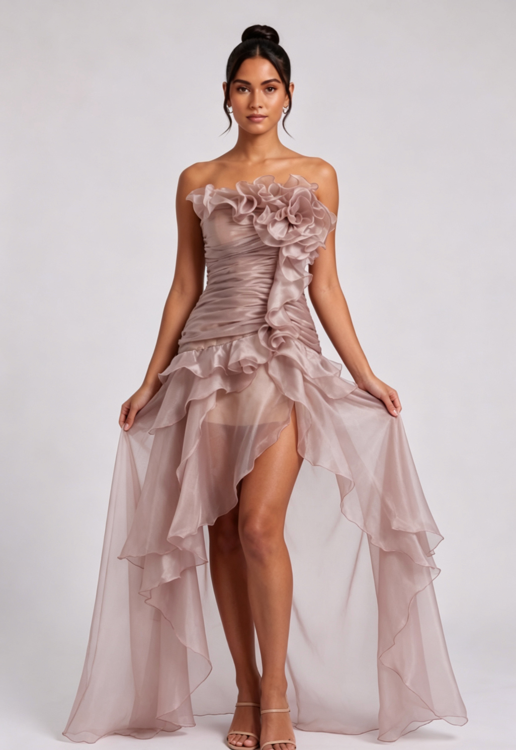 Dusty Rose Organza High-Low Asymmetrical Dress