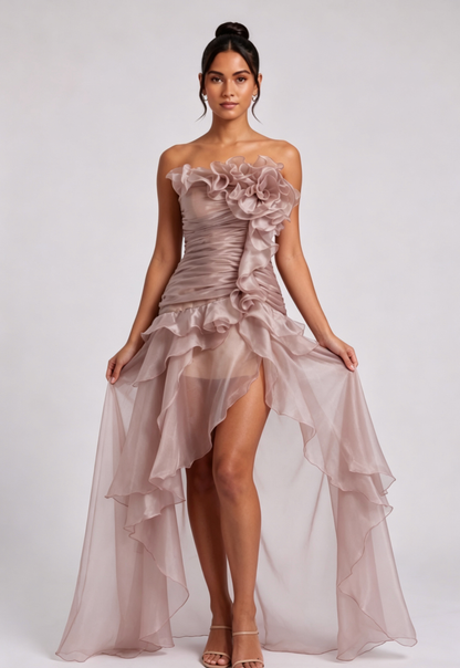 Dusty Rose Organza High-Low Asymmetrical Dress