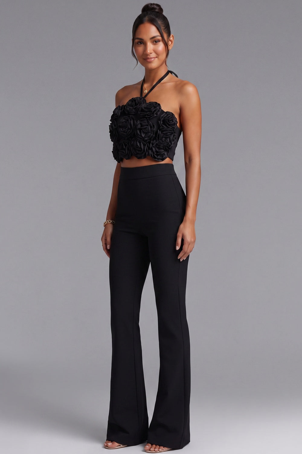 Black Stretch Crepe Two-Piece Set with 3D Rosette Halter Top and High-Waisted Flared Trousers black stretch crepe two-piece set - product view 4