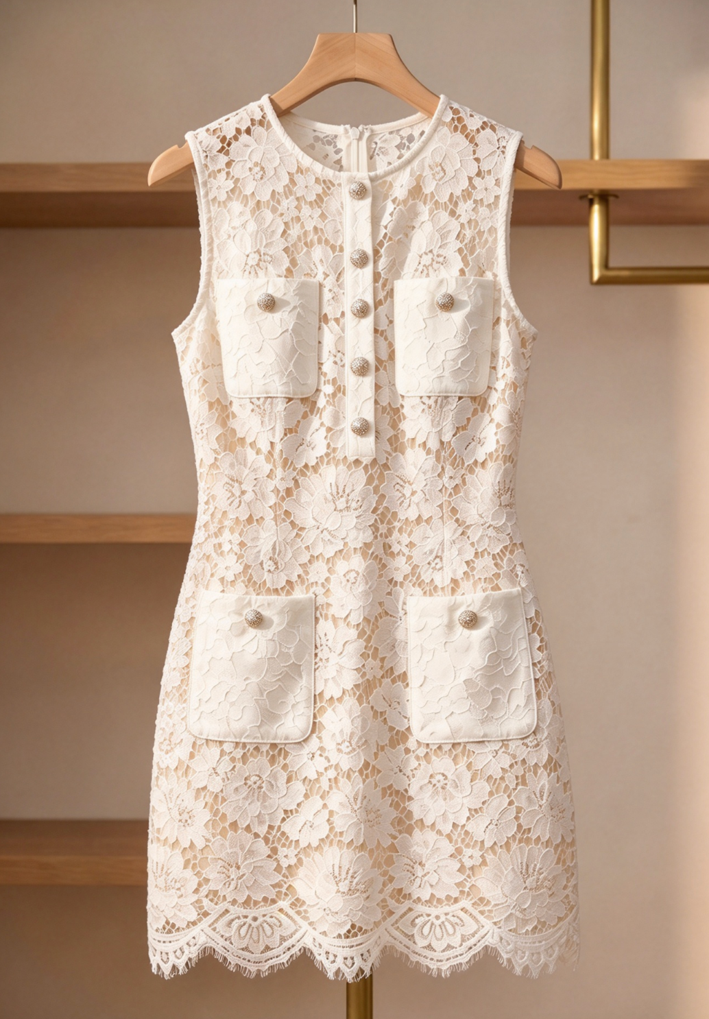 White Floral Lace Shift Dress with Button Pockets