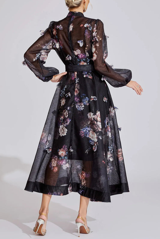 tiffany black floral Printed puff sleeve Maxi Dress