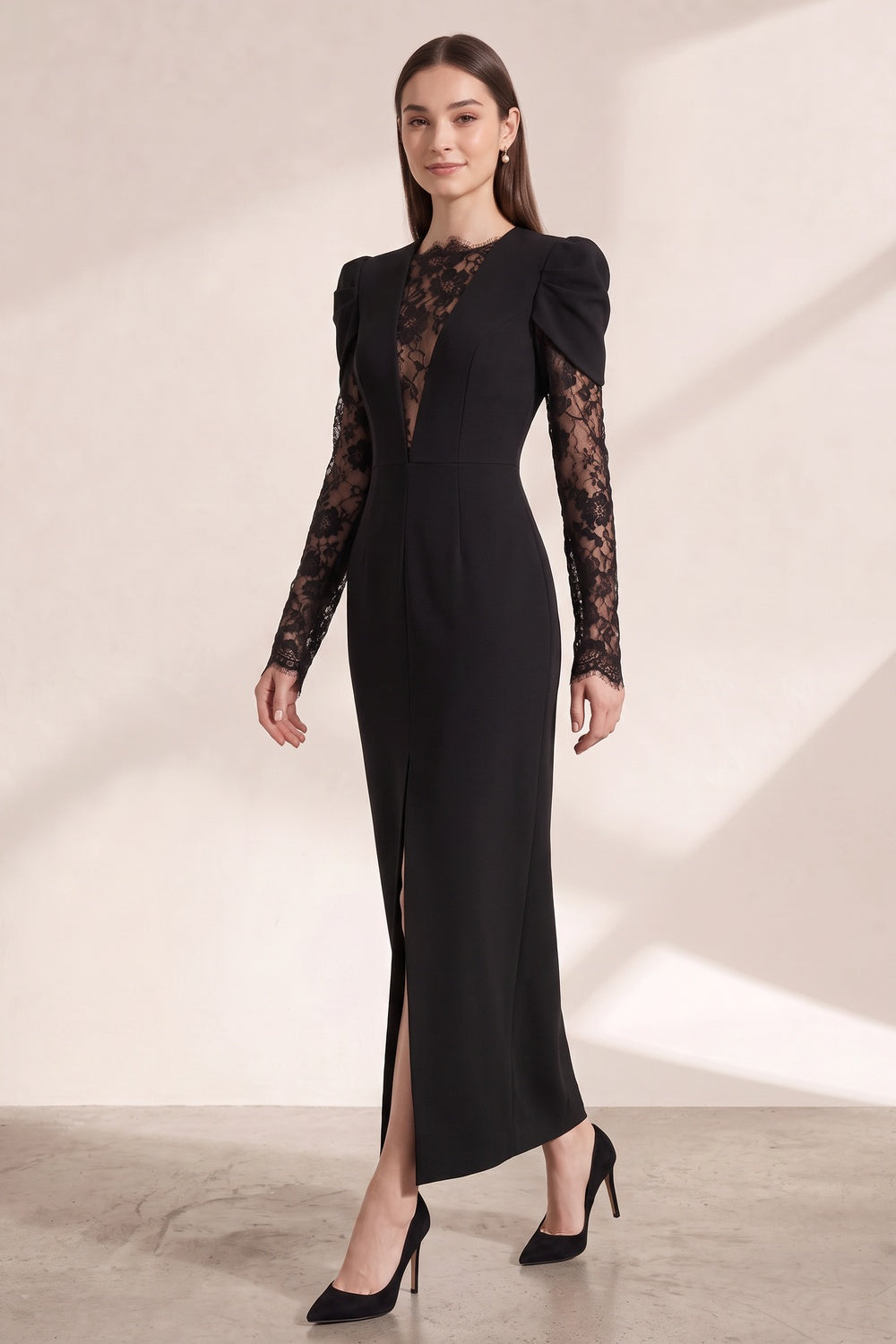 Black Structured Crepe Column Dress with Lace Insert black structured crepe dress - product view 2