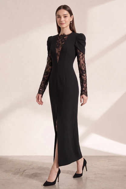 Black Structured Crepe Column Dress with Lace Insert black structured crepe dress - product view 2