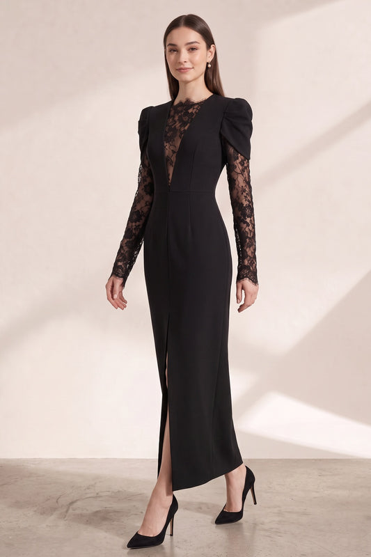 Black Structured Crepe Column Dress with Lace Insert black structured crepe dress - product view 2