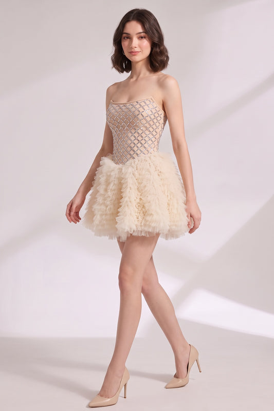 champagne tulle fit-and-flare mini dress champagne, cream tulle mini dress - product view 3
