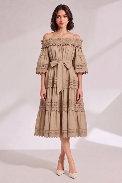 Beige Off-The-Shoulder Tiered Midi Dress with Lace Inserts Premium Fabric - product view 3