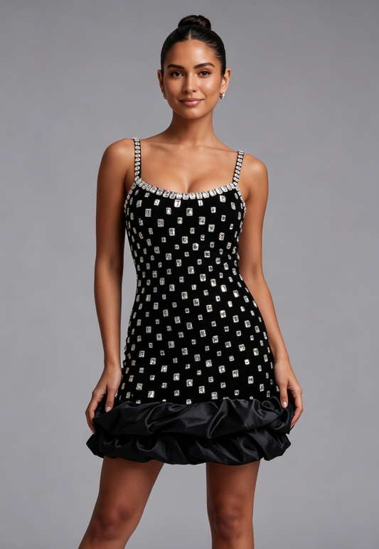 Black Velvet Bodycon with Bubble Hem Dress