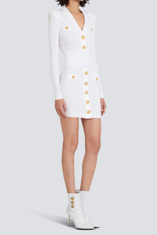 vicky v-neck button-detail ribbed mini dress in white