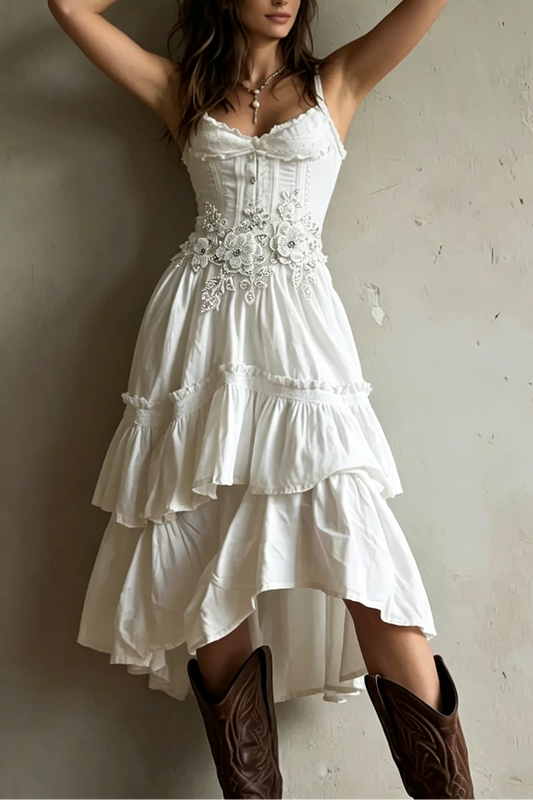 Corset-Style Embroidery Lace Trim Tiered Midi Dress