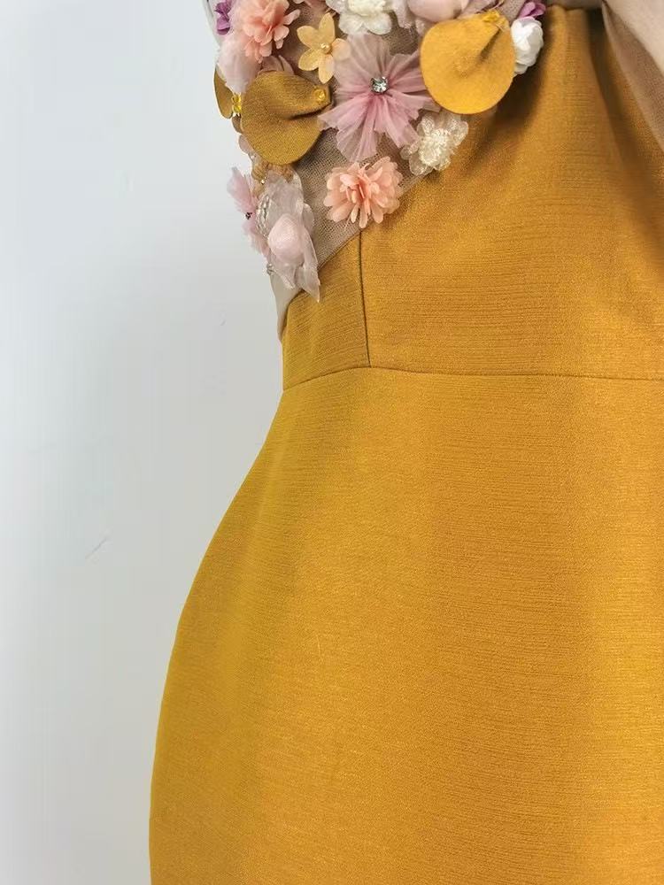 3D Floral Spaghetti Strap Satin Midi Bodycon Dress