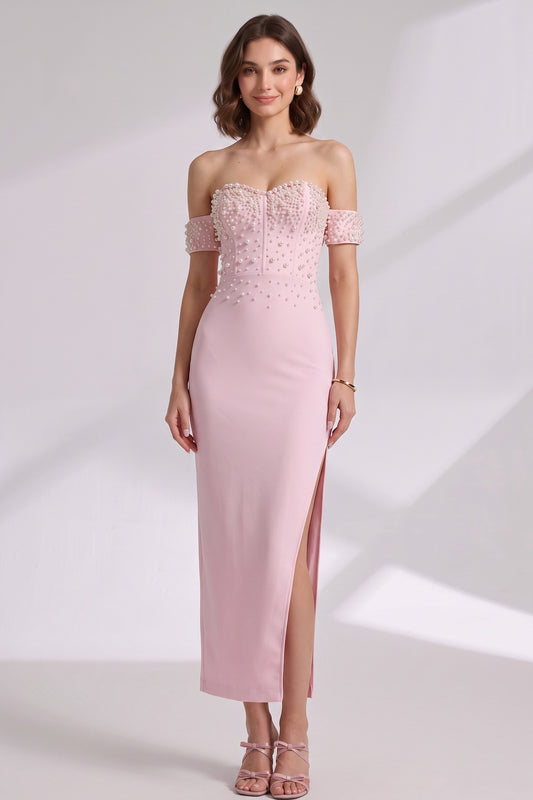 Light Pink Structured Crepe Sheath Dress with Pearl Embellishment light pink structured crepe dress - product view 4