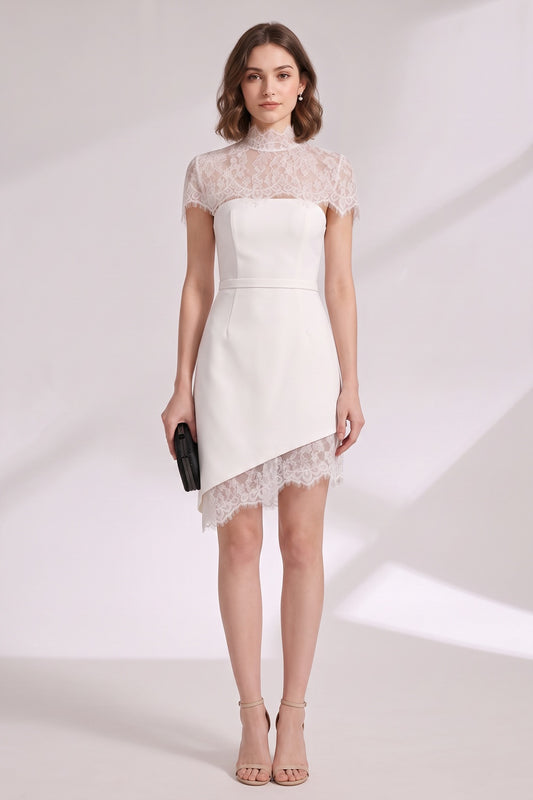 White Structured Crepe Fitted Sheath Dress with Lace Overlay white structured crepe dress - product view 3