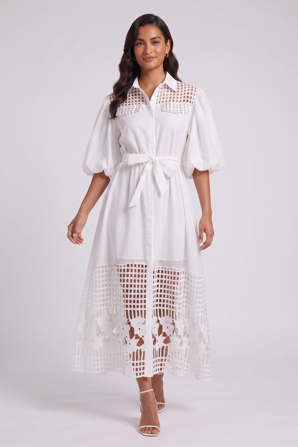 White A-Line Shirt Dress with Lace Panels and Puff Sleeves white smooth woven cotton-blend shirt dress - product view 2