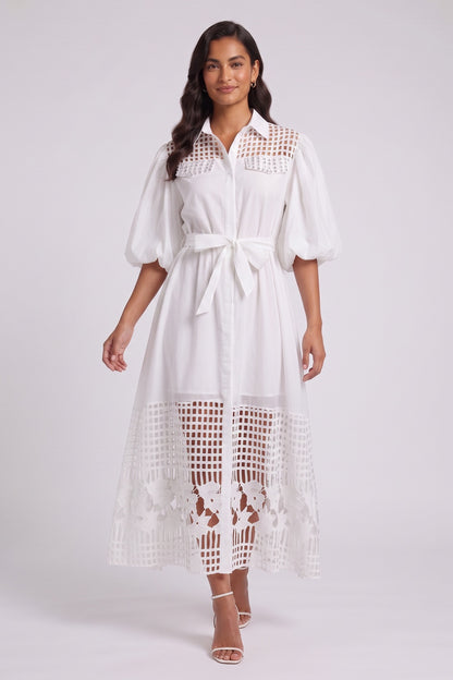White A-Line Shirt Dress with Lace Panels and Puff Sleeves white smooth woven cotton-blend shirt dress - product view 2