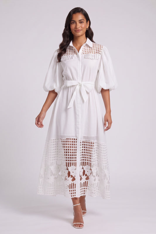 White A-Line Shirt Dress with Lace Panels and Puff Sleeves white smooth woven cotton-blend shirt dress - product view 2