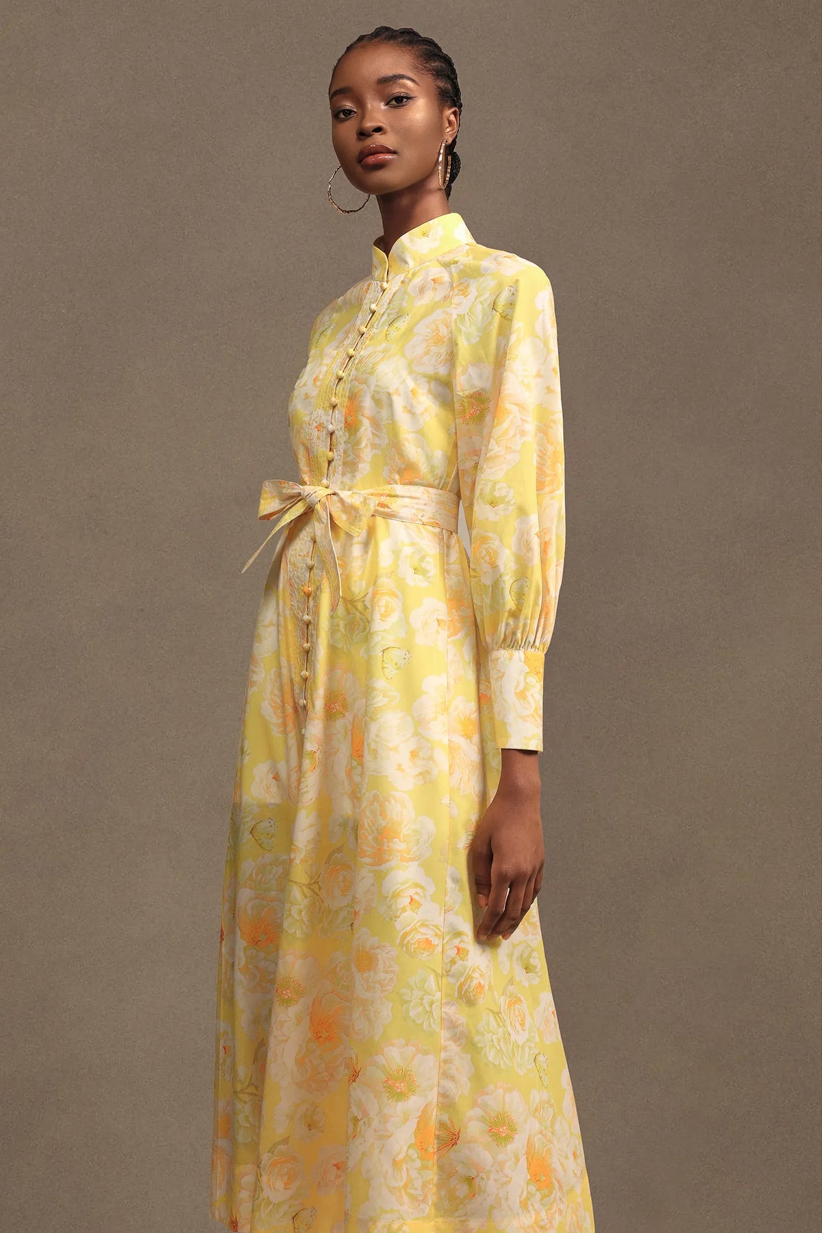 xaviera Long Sleeve Floral Printed Chiffon Maxi Dress in yellow