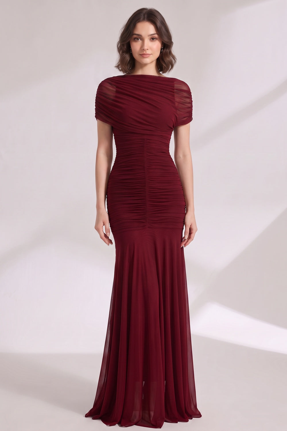 burgundy mesh mermaid evening gown burgundy mesh evening gown - product view 3