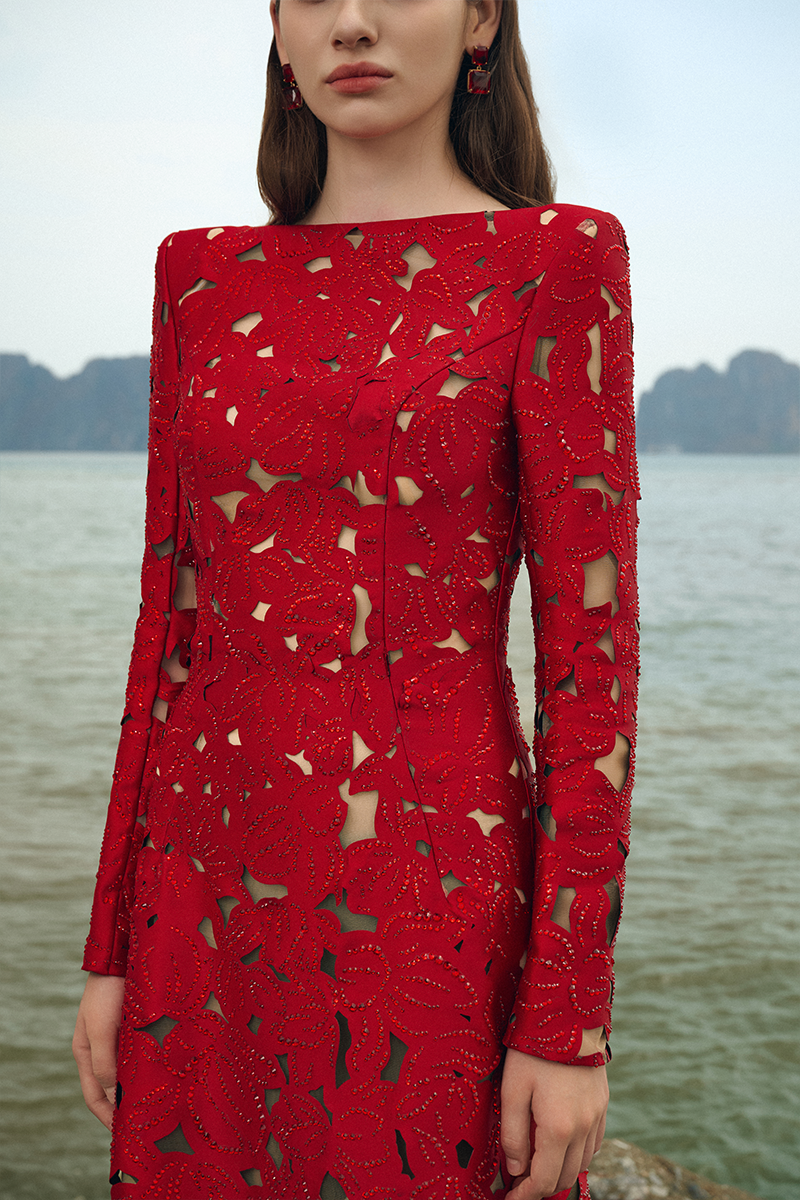 Red Laser-Cut Structured Fabric A-Line Gown