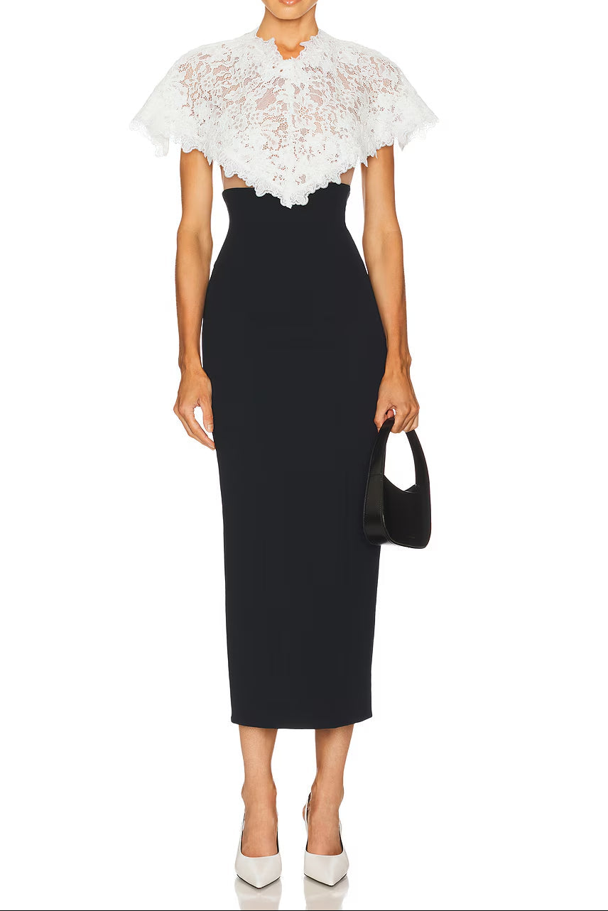 alice lace patchwork shawl bodycon midi dress in black