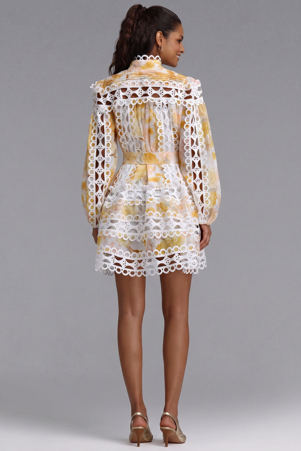 White & Yellow Floral A-Line Mini Dress with Lace Panels White, Yellow Lightweight woven cotton or linen blend Mini dress - product view 4