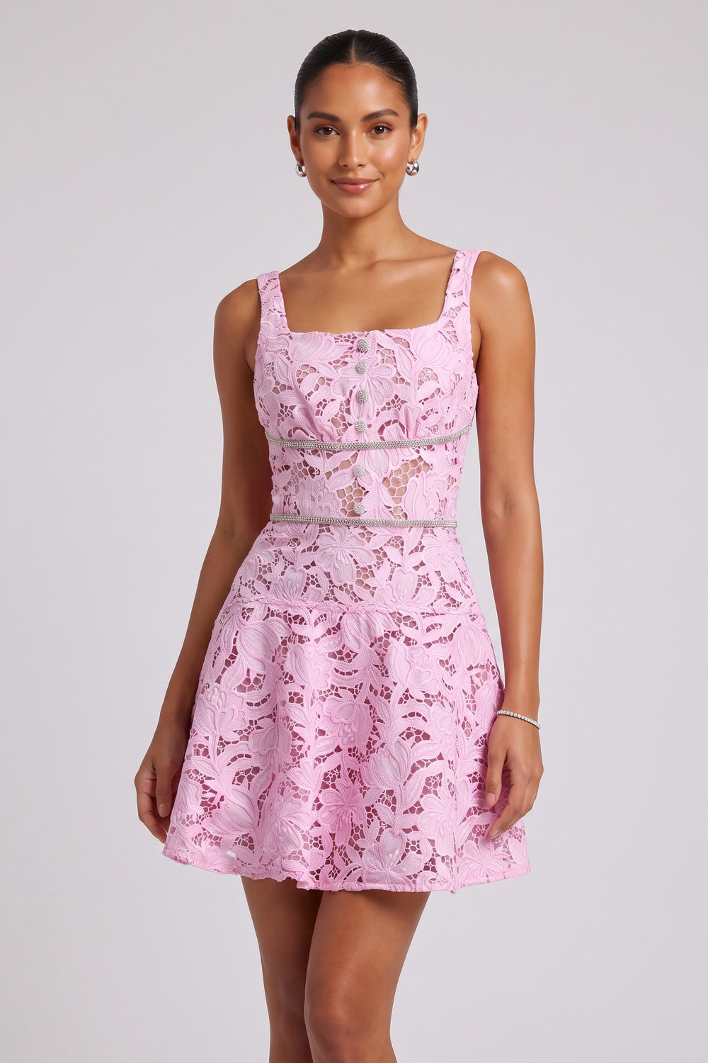 Light Pink Floral Corded Lace Fit-and-Flare Mini Dress light pink floral corded lace dress - product view 1