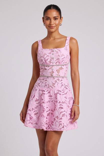 Light Pink Floral Corded Lace Fit-and-Flare Mini Dress light pink floral corded lace dress - product view 1