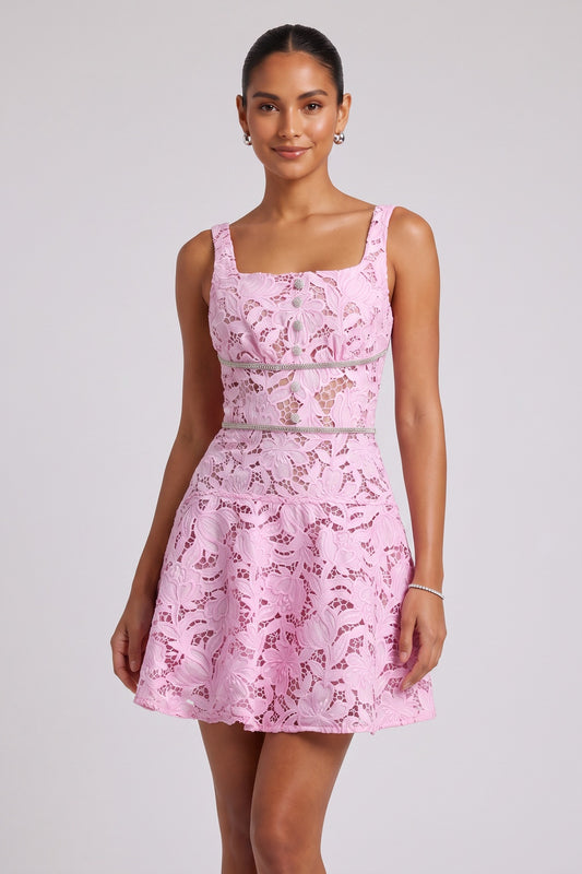 Light Pink Floral Corded Lace Fit-and-Flare Mini Dress light pink floral corded lace dress - product view 1
