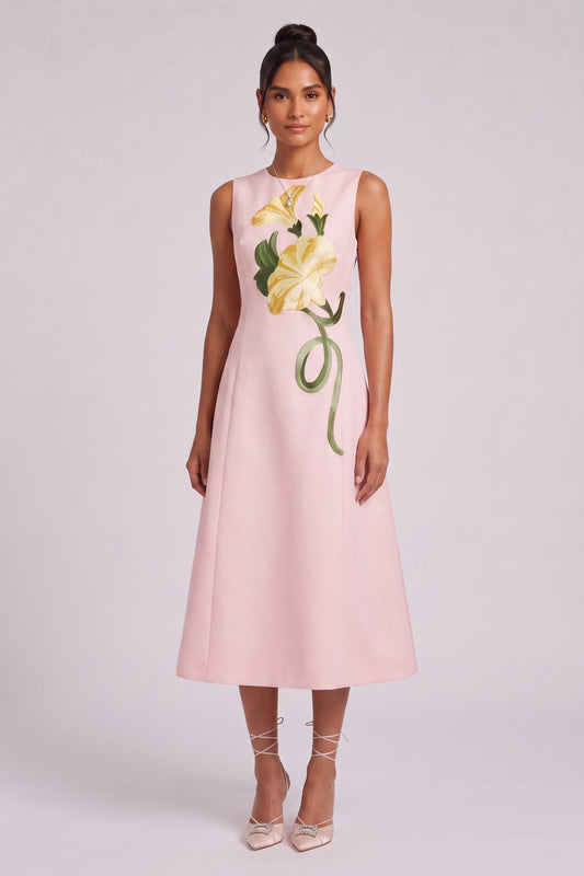 Pale Pink Structured Woven A-Line Midi Dress with Placement Floral pale pink structured woven fabric dress - product view 2