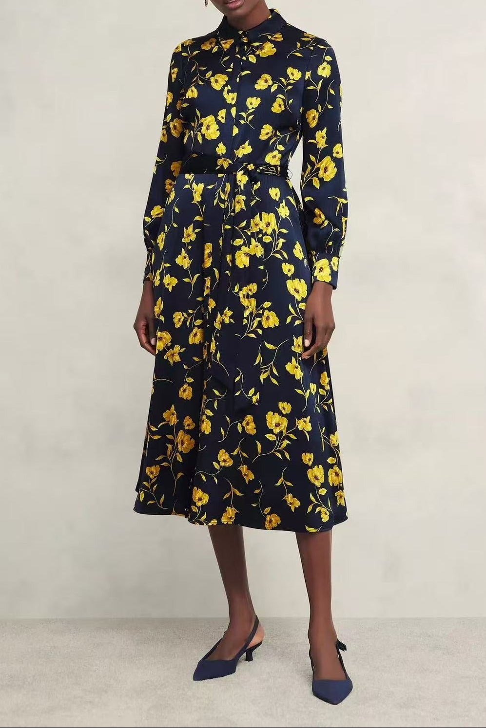 Navy Yellow Floral Long Sleeve Satin Shirt Midi Dress