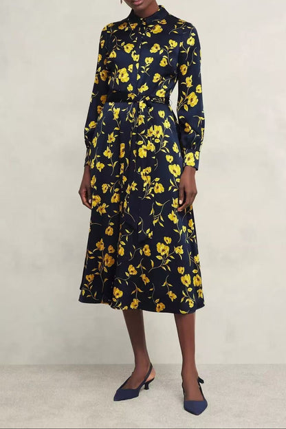 Navy Yellow Floral Long Sleeve Satin Shirt Midi Dress