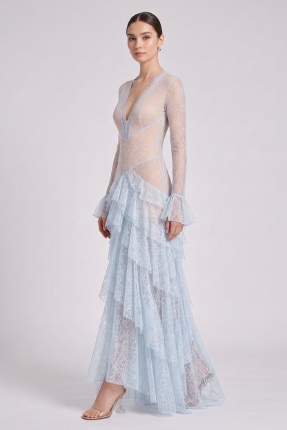 Light Blue Floral Lace Tiered A-Line Gown light blue floral lace gown - product view 3