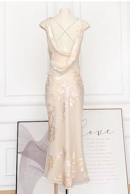 Draped Cowl Backless Floral Jacquard Mermaid Maxi Dress